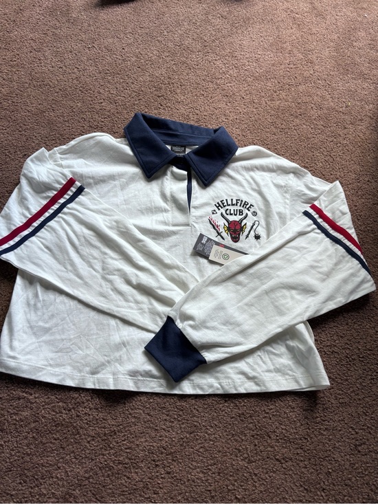 Stranger Things Tops - Hellfire Club White Long-Sleeve Crop Polo with Navy Trim
